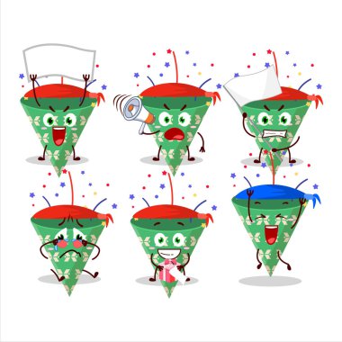 Koyu yeşil parti meraklısı maskot tasarımı. Çekici bir destekçi olarak konfeti karakteri. Vektör illüstrasyonu