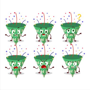 Koyu yeşil parti meraklısı, yüzünde hangi ifadeyle konfeti olan çizgi film karakteri. Vektör illüstrasyonu