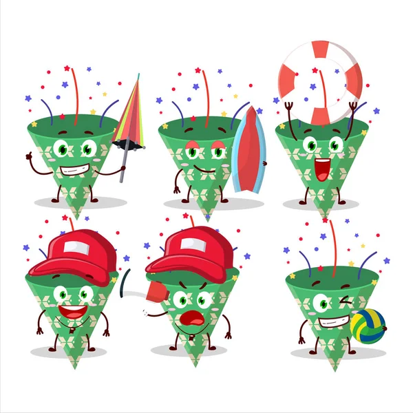 Mutlu Yüz, kumsalda oynayan konfeti çizgi film karakteri ile koyu yeşil parti delisi. Vektör illüstrasyonu