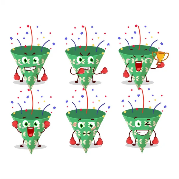 Konfeti boks atleti maskot tasarımlı koyu yeşil bir parti meraklısı. Vektör illüstrasyonu