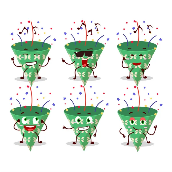 Konfeti dansçısı çizgi film karakterinin müzikten hoşlandığı koyu yeşil bir parti popper 'ı. Vektör illüstrasyonu