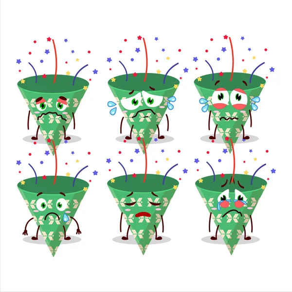 Koyu yeşil parti meraklısı, üzgün suratlı konfeti çizgi film karakteri. Vektör illüstrasyonu