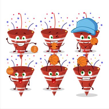 Basketbol atleti olarak konfeti çizgi film karakteri olan yetenekli bir kırmızı parti manyağı. Vektör illüstrasyonu