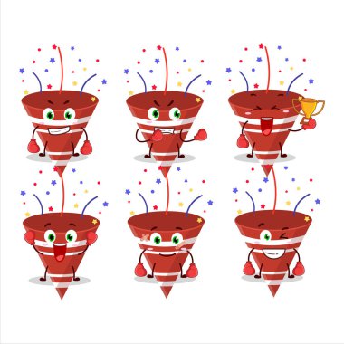 Konfeti boks sporu çizgi film maskotu tasarımlı, kırmızı bir parti delisi. Vektör illüstrasyonu