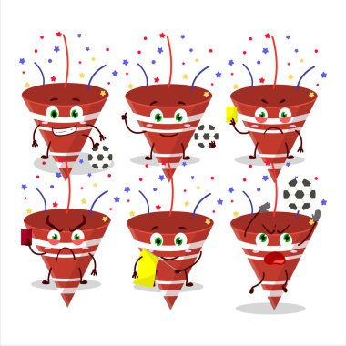 Kırmızı Parti Popper with Confetti çizgi film karakteri futbol hakemi olarak çalışıyor. Vektör illüstrasyonu