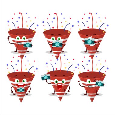 Konfeti çizgi film karakteri ile kırmızı parti popper ile fotoğrafçılık mesleği simgesi. Vektör illüstrasyonu