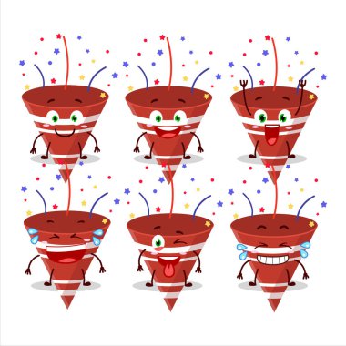 Gülen suratlı konfetili kırmızı parti popper çizgi film karakteri. Vektör illüstrasyonu