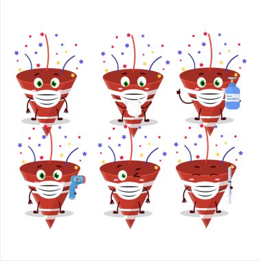 Kırmızı parti popper 'ının konfeti çizgi film tasarımı tarzında bir resmi salgın sırasında sağlıklı kalmaya devam ediyor. Vektör illüstrasyonu