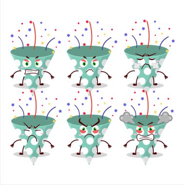 Değişik sinirli ifadeleri olan konfeti çizgi film karakterli yeşil parti delisi. Vektör illüstrasyonu