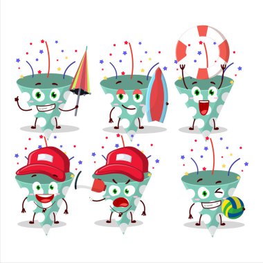 Neşeli Surat, kumsalda oynayan konfeti çizgi film karakterli yeşil parti delisi. Vektör illüstrasyonu