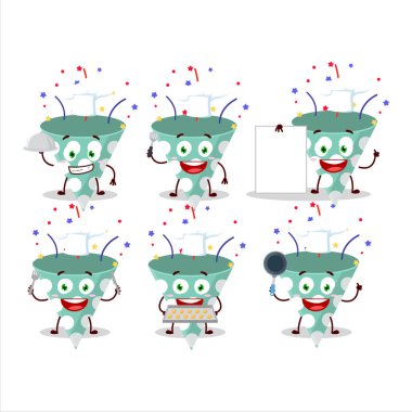 Değişik şef ifadeleriyle konfetili yeşil parti meraklısı çizgi film karakteri. Vektör illüstrasyonu