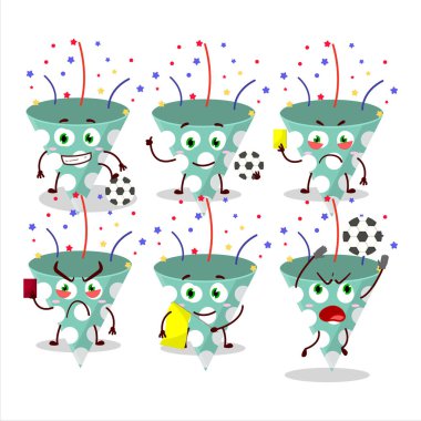 Futbol hakemi olarak çalışan konfeti çizgi film karakterli yeşil parti delisi. Vektör illüstrasyonu