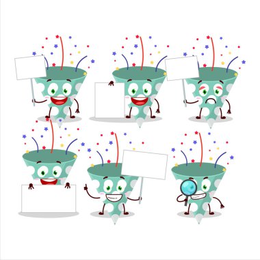 Konfeti çizgi film karakteri olan yeşil parti delisi bilgi panosunu getirdi. Vektör illüstrasyonu