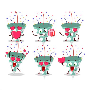 Konfeti çizgi film karakteri ve sevimli bir aşk ifadesi olan yeşil parti delisi. Vektör illüstrasyonu