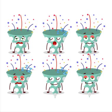 Uykulu yüzüyle konfeti yiyen yeşil parti manyağı çizgi film karakteri. Vektör illüstrasyonu