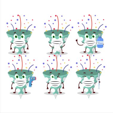 Yeşil parti popper 'ının konfeti çizgi film tasarımı tarzında bir resmi salgın sırasında sağlıklı kalmaya devam ediyor. Vektör illüstrasyonu