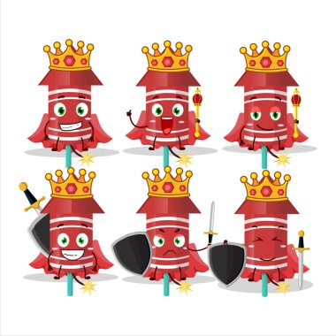 Karizmatik bir Kral kırmızı havai fişek çizgi film karakteri altın bir taç takıyor. Vektör illüstrasyonu