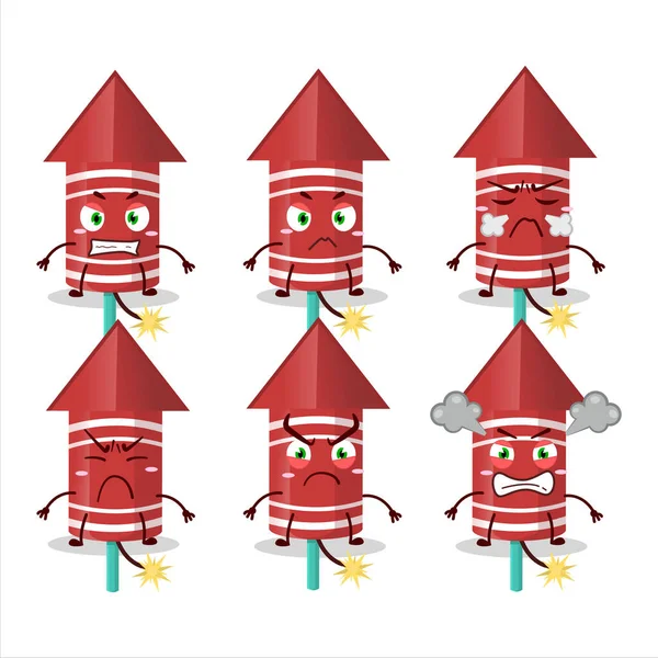 Red Rocket Firework Cartoon Character Various Angry Expressions Vector Illustration — Stock Vector