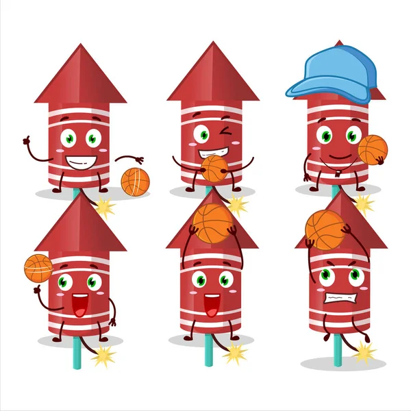 Talented Red Rocket Firework Cartoon Character Basketball Athlete Vector Illustration — Stock Vector