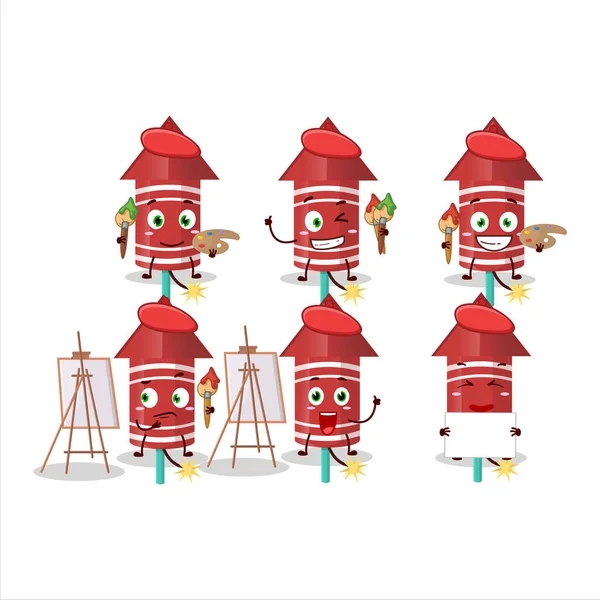 Artistic Artist Red Rocket Firework Cartoon Character Painting Brush Vector — Stock Vector