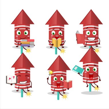 Kırmızı havai fişek çizgi film karakteri konsepti komik bir kitap okuyor. Vektör illüstrasyonu