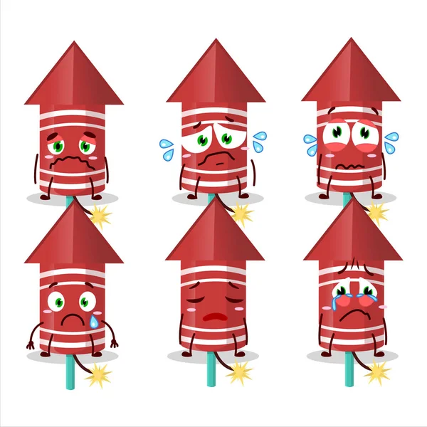 Rode Raket Vuurwerk Cartoon Karakter Met Droevige Uitdrukking Vectorillustratie — Stockvector
