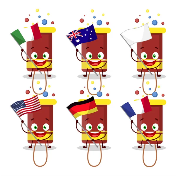 Bubble Blaster Firework Cartoon Character Bring Flags Various Countries Vector — Stock Vector