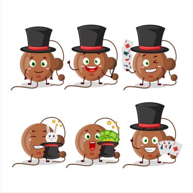 Bir kestane fişeği topu sihirbaz çizgi film karakteri sahnede gösteri yapıyor. Vektör illüstrasyonu