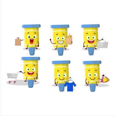 Zengin bir havai fişek maskotu tasarımı alışverişe gidiyor. Vektör illüstrasyonu