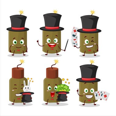 Havai fişek patlayıcı bir sihirbaz çizgi film karakteri sahnede performans sergiliyor. Vektör illüstrasyonu