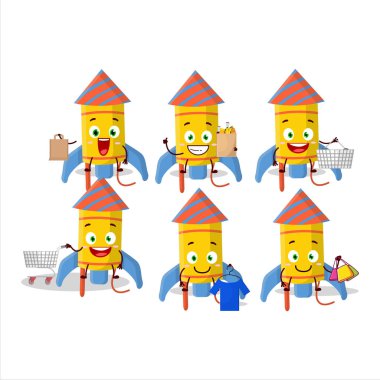 Zengin bir havai fişek festivali maskotu tasarımı alışverişe gidiyor. Vektör illüstrasyonu