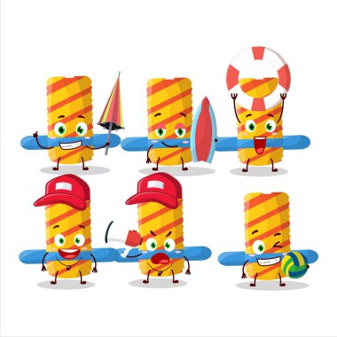 Happy Face havai fişek fırıldağı çizgi film karakteri sahilde oynuyor. Vektör illüstrasyonu