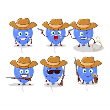 Güzel şapkalı havalı kovboy mavi balonları çizgi film karakteri. Vektör illüstrasyonu