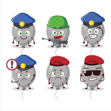 Gri balon maskotu tasarım tarzında kendini işine adamış bir polis memuru. Vektör illüstrasyonu