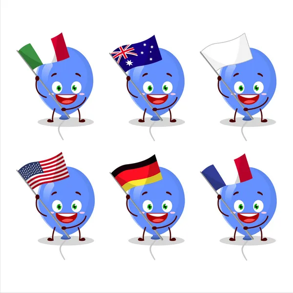 Blå Ballonger Tecknad Karaktär Föra Flaggor Olika Länder Vektorillustration — Stock vektor