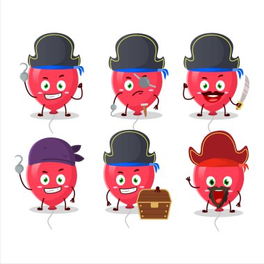 Çeşitli korsan simgeleri olan kırmızı balonların çizgi film karakteri. Vektör illüstrasyonu