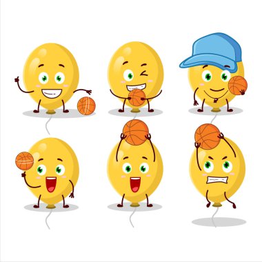 Basketbol atleti olarak yetenekli sarı balonlar çizgi film karakteri. Vektör illüstrasyonu