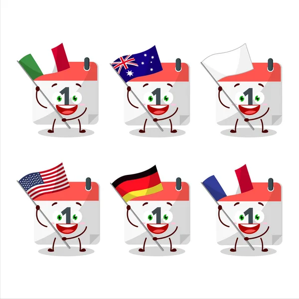 Ημερολόγιο Χαρακτήρα Κινουμένων Σχεδίων Φέρει Τις Σημαίες Των Διαφόρων Χωρών — Διανυσματικό Αρχείο