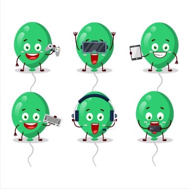 Yeşil balonlar çizgi film karakteri çeşitli şirin ifadelerle oyunlar oynuyor. Vektör illüstrasyonu