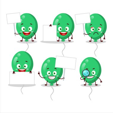 Yeşil balonlar çizgi film karakteri bilgi panosunu getirir. Vektör illüstrasyonu