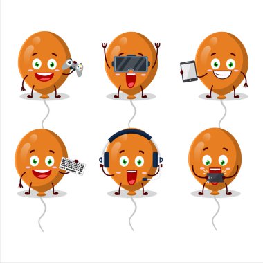 Turuncu balonlar çizgi film karakteri çeşitli şirin ifadelerle oyunlar oynuyor. Vektör illüstrasyonu