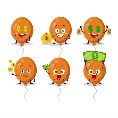 Portakal renkli balonlar, sevimli ifadeli çizgi film karakterleri para getiriyor. Vektör illüstrasyonu