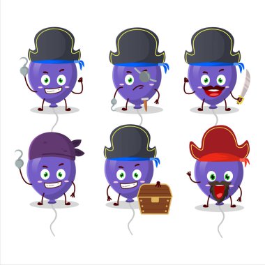 Çeşitli korsan simgeleri olan mor balonların çizgi film karakteri. Vektör illüstrasyonu