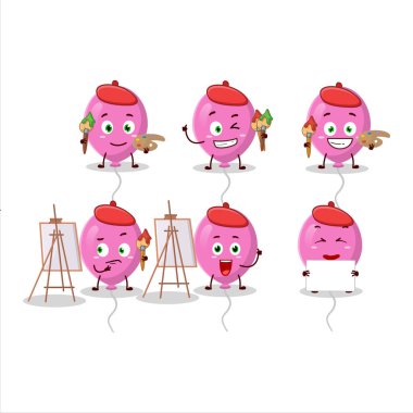 Pembe balonların sanatsal sanatçısı fırçalı çizgi film karakteri resmi. Vektör illüstrasyonu