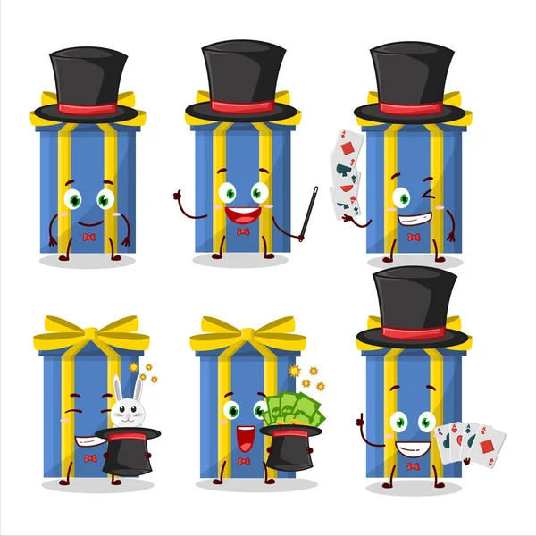 Eine Blaue Lange Geschenkbox Magier Cartoon Figur Auf Einer Bühne — Stockvektor