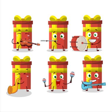 Uzun hediye kutusundaki çizgi film karakteri müzik enstrümanları çalan uzun hediye kutusu olan bir çizgi film karakteri. Vektör illüstrasyonu