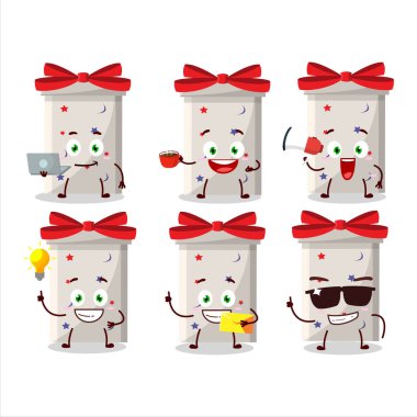 Çeşitli iş simgelerine sahip beyaz, uzun hediye kutusu çizgi film karakteri. Vektör illüstrasyonu