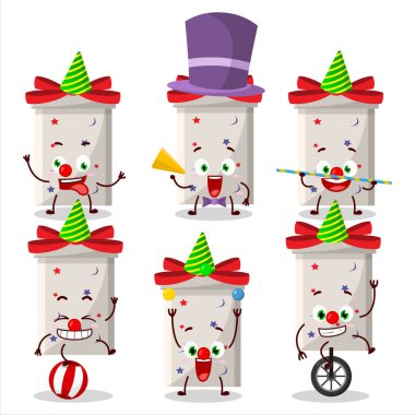 Beyaz, uzun hediye kutusu ve çeşitli sirk gösterileri olan çizgi film karakteri. Vektör illüstrasyonu