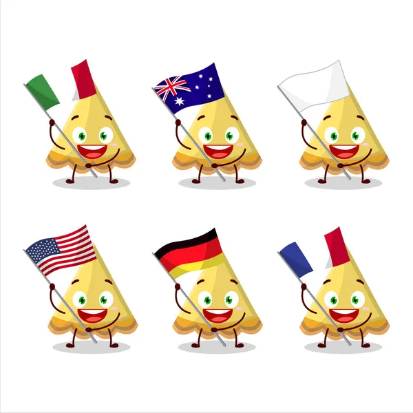 Scheibe Zitronentarte Cartoon Figur Bringen Die Flaggen Der Verschiedenen Länder — Stockvektor
