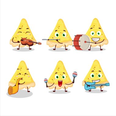 Çizgi film karakteri, müzik enstrümanları çalan peynirli tart. Vektör illüstrasyonu